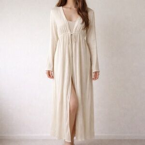 Tori Praver Cream Metallic Stripe Long Sleeve Maxi Swim Cover Up‎ Small